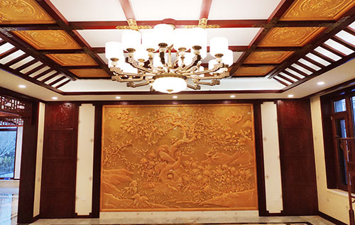 东城街道中式别墅客厅中式木作横梁吊顶装饰展示